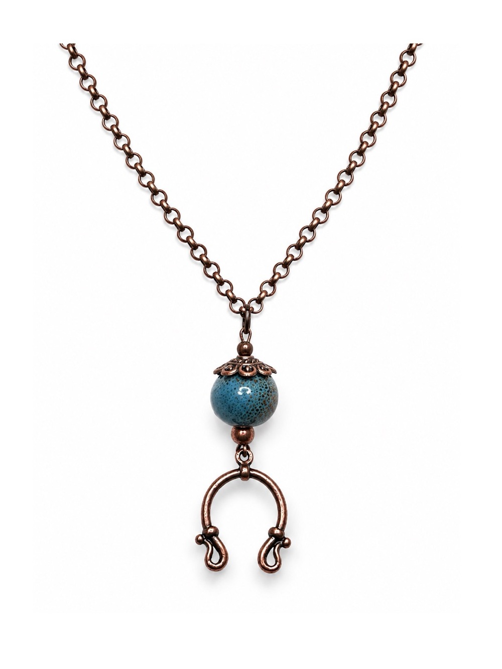 Boho Turquoise Pendant Necklace, Antique Copper Horseshoe Charm Necklace